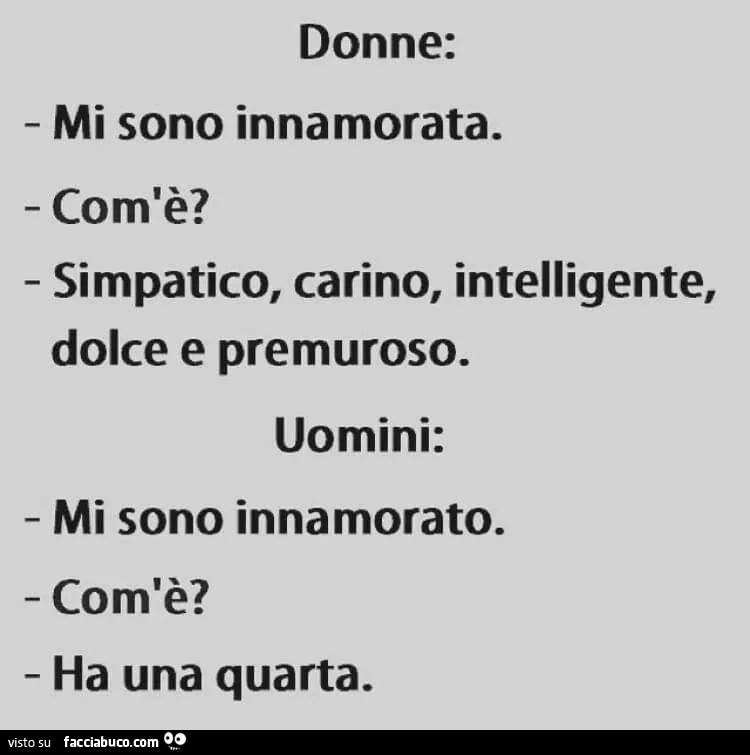 Donne: mi sono innamorata. Com'è? Simpatico, carino, intelligente, dolce e premuroso. Uomini: mi sono innamorato. Com'è? Ha una quarta